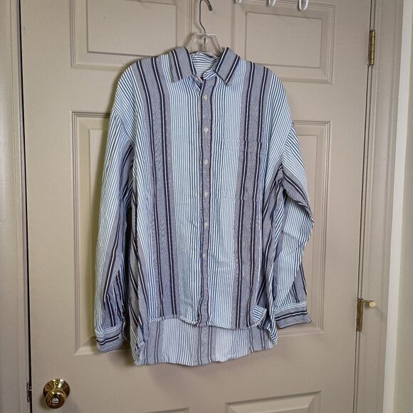 Fieldmaster Mens Button Front Shirt Size Large Blue White Stripe Long Sleeve - Picture 1 of 4